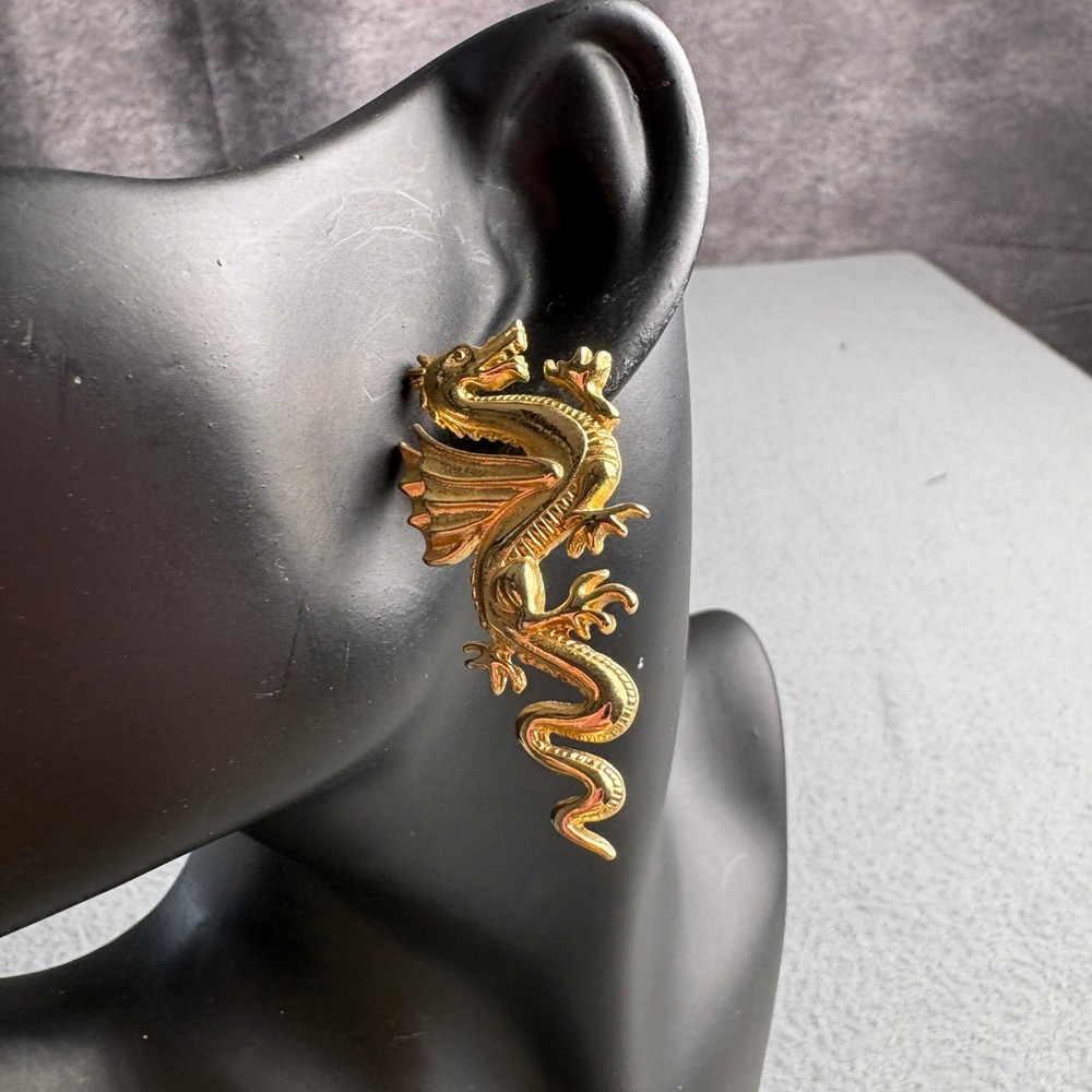 Vintage Gold Tone Dragon Stud Earrings Mythical Winged Serpent Statement Jewelry